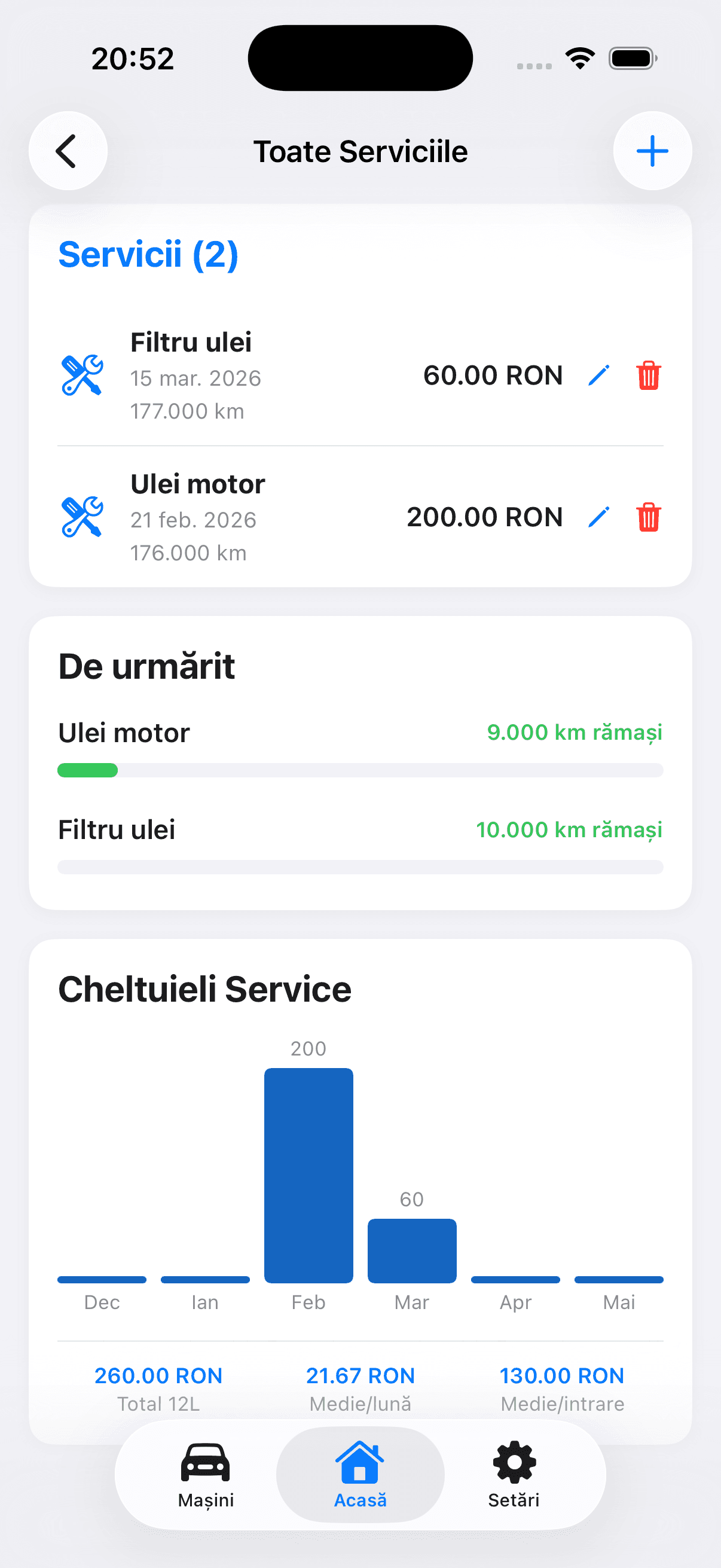 Captură din aplicația Alerte Auto: Servicii