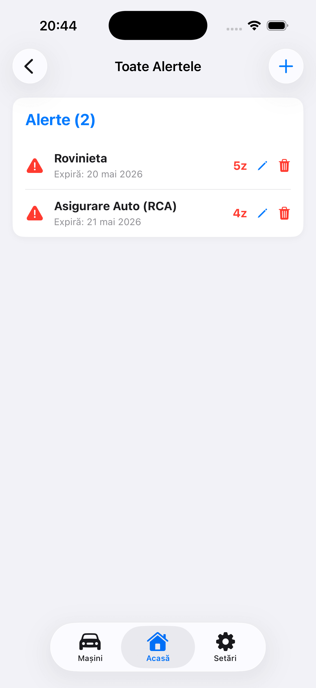 Captură din aplicația Alerte Auto: Alerte